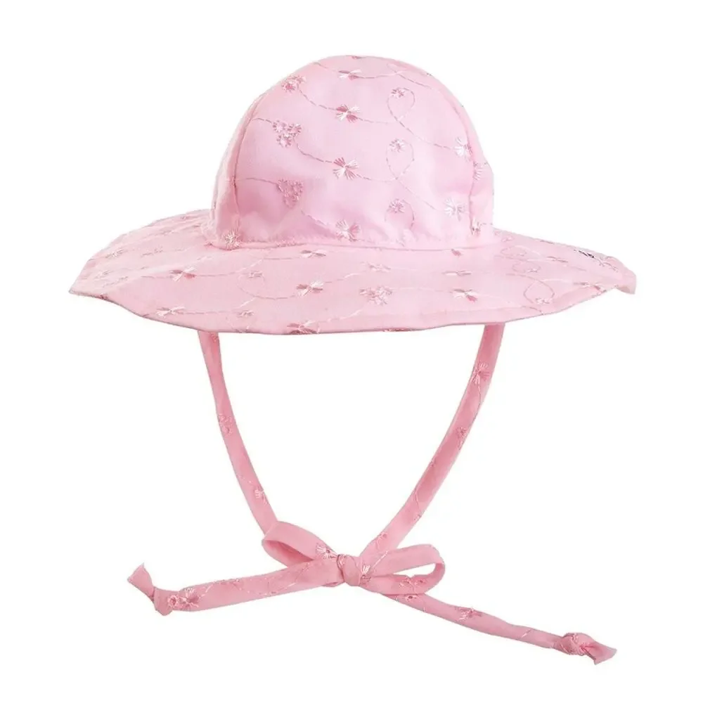 The Original Flap Happy Hat Baby Sun Cap 6-12 Months Pink Eyelet UPF 50 Ties Hat
